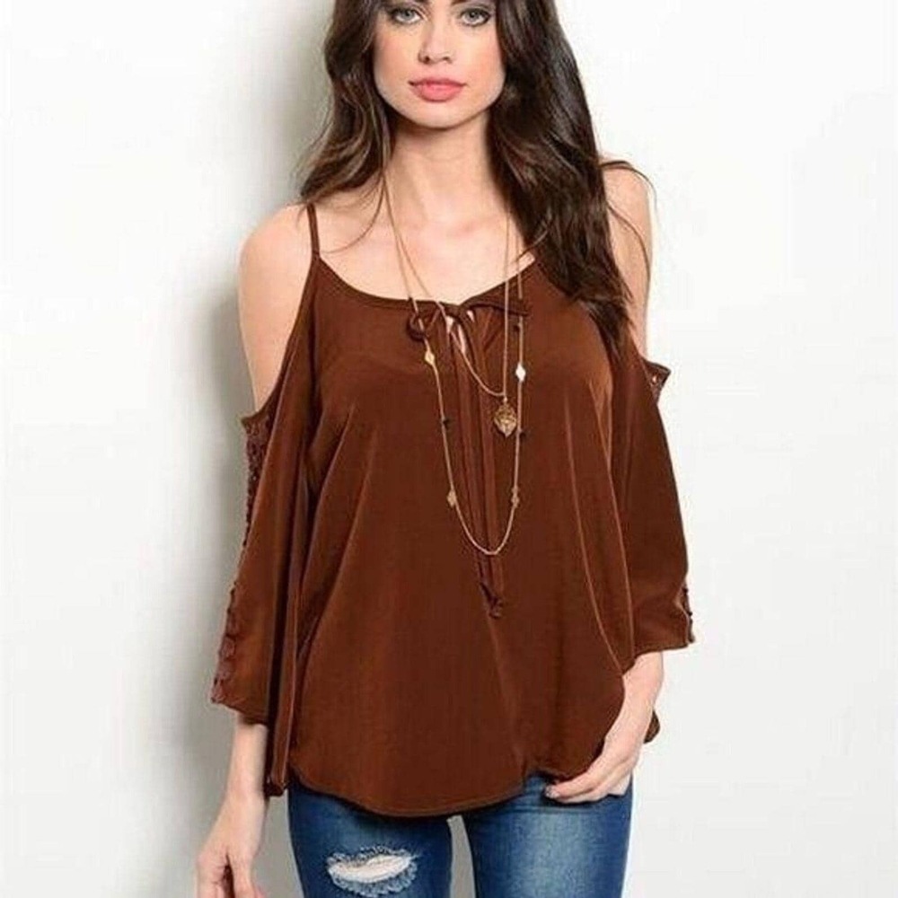 Medium Womens Va Va by Joy‎ Han Brown Cold Shoulder Blouse
